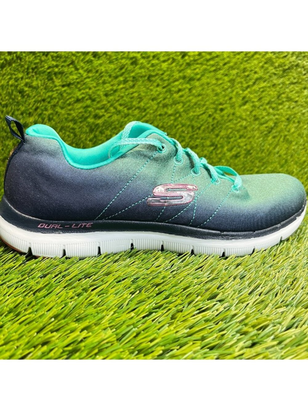 Skechers Flex Appeal 2.0 Womens‎ Size 7 Aqua Blue Pink Running Shoes Sneakers